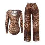 Women Mesh Long-Sleeved Leopard Print One-Piece Swimsuit and Pants Two-Piece Set