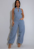 Sleeveless Low Back Washed High Stretch Casual Denim Jumpsuit