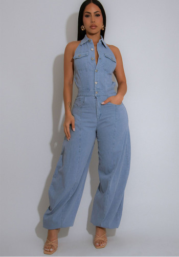 Sleeveless Low Back Washed High Stretch Casual Denim Jumpsuit