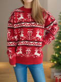 Women Fall/Winter Colorblock Deer Knitting Top with Round Neck