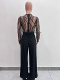 Women's Mesh See-Through Patchwork Embroidery Sexy Jumpsuit (Includes Belt)