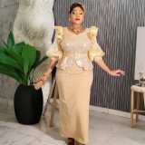 African Plus Size Women's Fashion Puff Sleeve Party Dress Beaded Sequin High Waist Gown