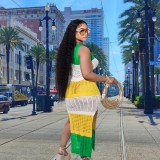 Women's Fishnet Color Block Sleeveless Slit Sexy Casual Beach Dress