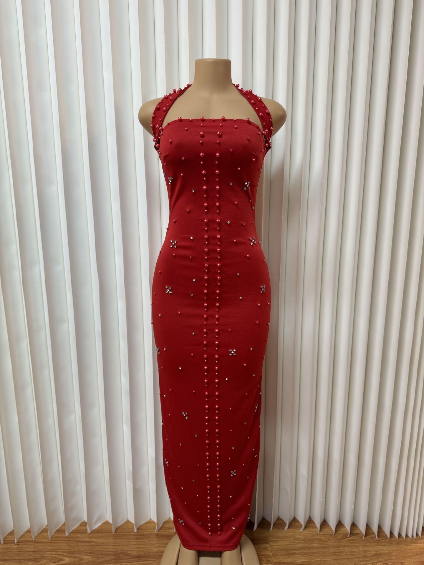 Fashion Women's Halter Neck Beaded Sexy Slit Bodycon Gown Long Dress