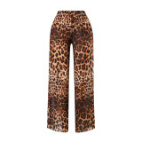 Women Mesh Long-Sleeved Leopard Print One-Piece Swimsuit and Pants Two-Piece Set