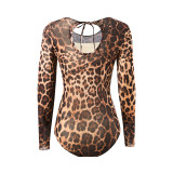 Women Mesh Long-Sleeved Leopard Print One-Piece Swimsuit and Pants Two-Piece Set