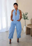 Sleeveless Low Back Washed High Stretch Casual Denim Jumpsuit