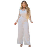 Women's Mesh See-Through Patchwork Embroidery Sexy Jumpsuit (Includes Belt)