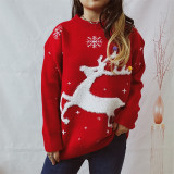 Women Fall/Winter Deer Snowflake Jacquard Pom Pom Christmas Round Neck Knitting Sweater