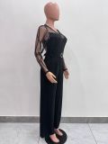 Women's Mesh See-Through Patchwork Embroidery Sexy Jumpsuit (Includes Belt)