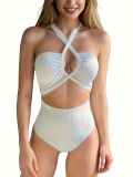 Women solid sexy backless tie-neck one-piece swimsuit