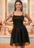 Black Strap Sequin Mesh High Waist Low Back Party Dress A-Line Short Dress
