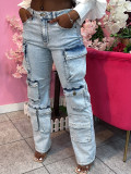 Women's Street Cargo Denim Pants High Waist Stretch Washed Multi-Pocket Jeans