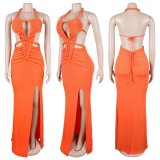 Fashion Women's Halter Neck Knit Cut-Out Sexy Slit Dress