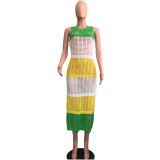 Women's Fishnet Color Block Sleeveless Slit Sexy Casual Beach Dress