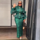 Sequin Party Evening Dress African Women's Plus Size Coat High Waist Dress Two-Piece Set