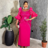 African Plus Size Women's Fashion Puff Sleeve Party Dress Beaded Sequin High Waist Gown
