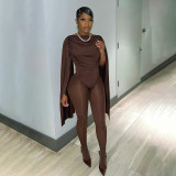 Women's Autumn Solid Color Casual Slim Fit Patchwork Long Sleeve Arm Cut-Out Mesh Long Jumpsuit