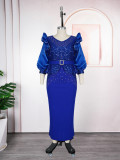 African Plus Size Women's Fashion Puff Sleeve Party Dress Beaded Sequin High Waist Gown