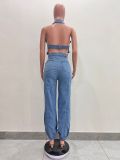 Sleeveless Low Back Washed High Stretch Casual Denim Jumpsuit