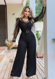 Women's Mesh See-Through Patchwork Embroidery Sexy Jumpsuit (Includes Belt)