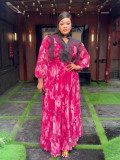 Elegant Long Dress Pleated African Plus Size Women's Print Chiffon Dress