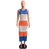 Women's Fishnet Color Block Sleeveless Slit Sexy Casual Beach Dress