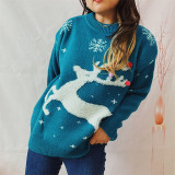 Women Fall/Winter Deer Snowflake Jacquard Pom Pom Christmas Round Neck Knitting Sweater