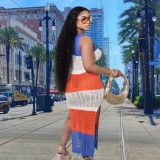 Women's Fishnet Color Block Sleeveless Slit Sexy Casual Beach Dress