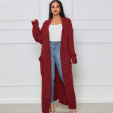 Fashion Women's Autumn Winter Solid Color Long Knit Cardigan Coat