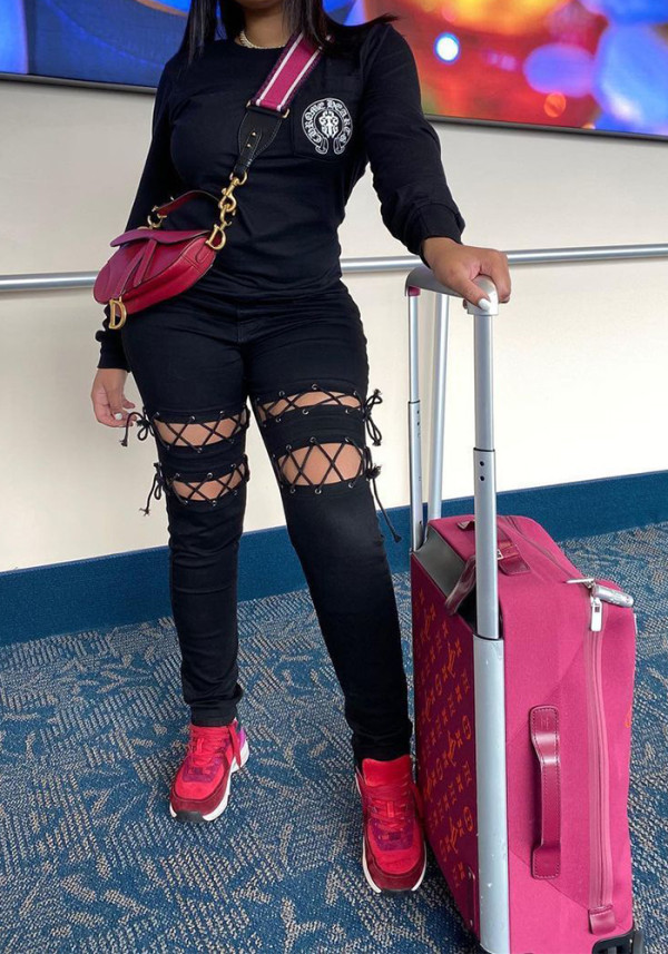 Fashion Women's Ripped Lace-Up Slim Fit Sexy Denim Pants