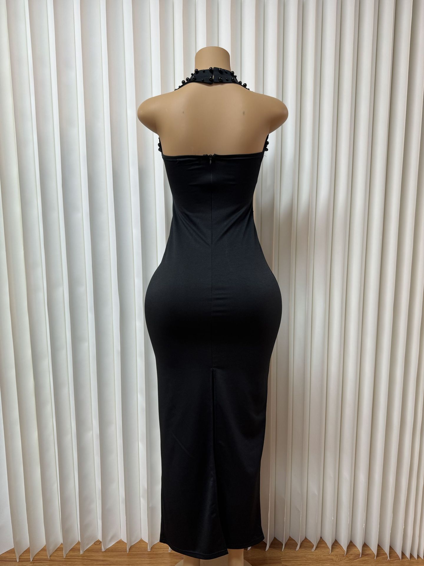 Fashion Women's Halter Neck Beaded Sexy Slit Bodycon Gown Long Dress