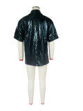Women's Fashion Casual Shiny Faux Leather High Stretch Shirt Top