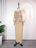 African Plus Size Women's Fashion Puff Sleeve Party Dress Beaded Sequin High Waist Gown