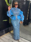 Sequin Party Evening Dress African Women's Plus Size Coat High Waist Dress Two-Piece Set