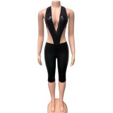 Women's Sexy Deep V Neck Low Back Bodysuit Tight Fitting Five-Pants Length Two-Piece Set