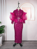 Sequin Party Evening Dress African Women's Plus Size Coat High Waist Dress Two-Piece Set
