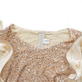 African Plus Size Women's Fashion Puff Sleeve Party Dress Beaded Sequin High Waist Gown