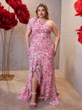 Plus Size Women's One-Shoulder Floral Maxi Dress