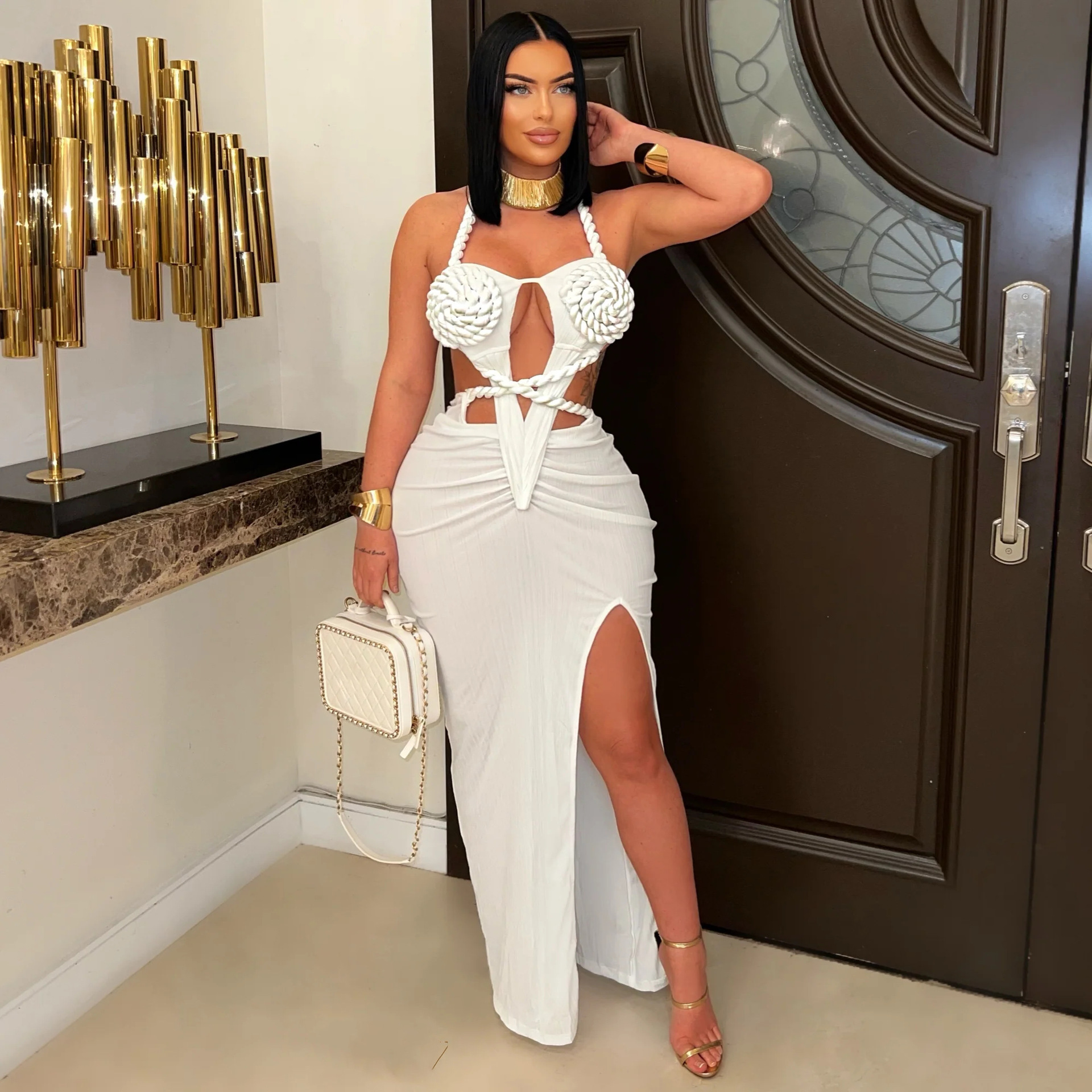 Fashion Women's Halter Neck Knit Cut-Out Sexy Slit Dress