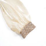 African Plus Size Women's Fashion Puff Sleeve Party Dress Beaded Sequin High Waist Gown