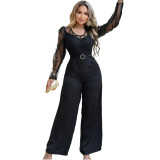 Women's Mesh See-Through Patchwork Embroidery Sexy Jumpsuit (Includes Belt)