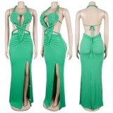 Fashion Women's Halter Neck Knit Cut-Out Sexy Slit Dress