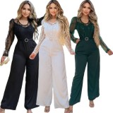Women's Mesh See-Through Patchwork Embroidery Sexy Jumpsuit (Includes Belt)