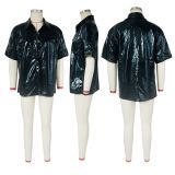 Women's Fashion Casual Shiny Faux Leather High Stretch Shirt Top