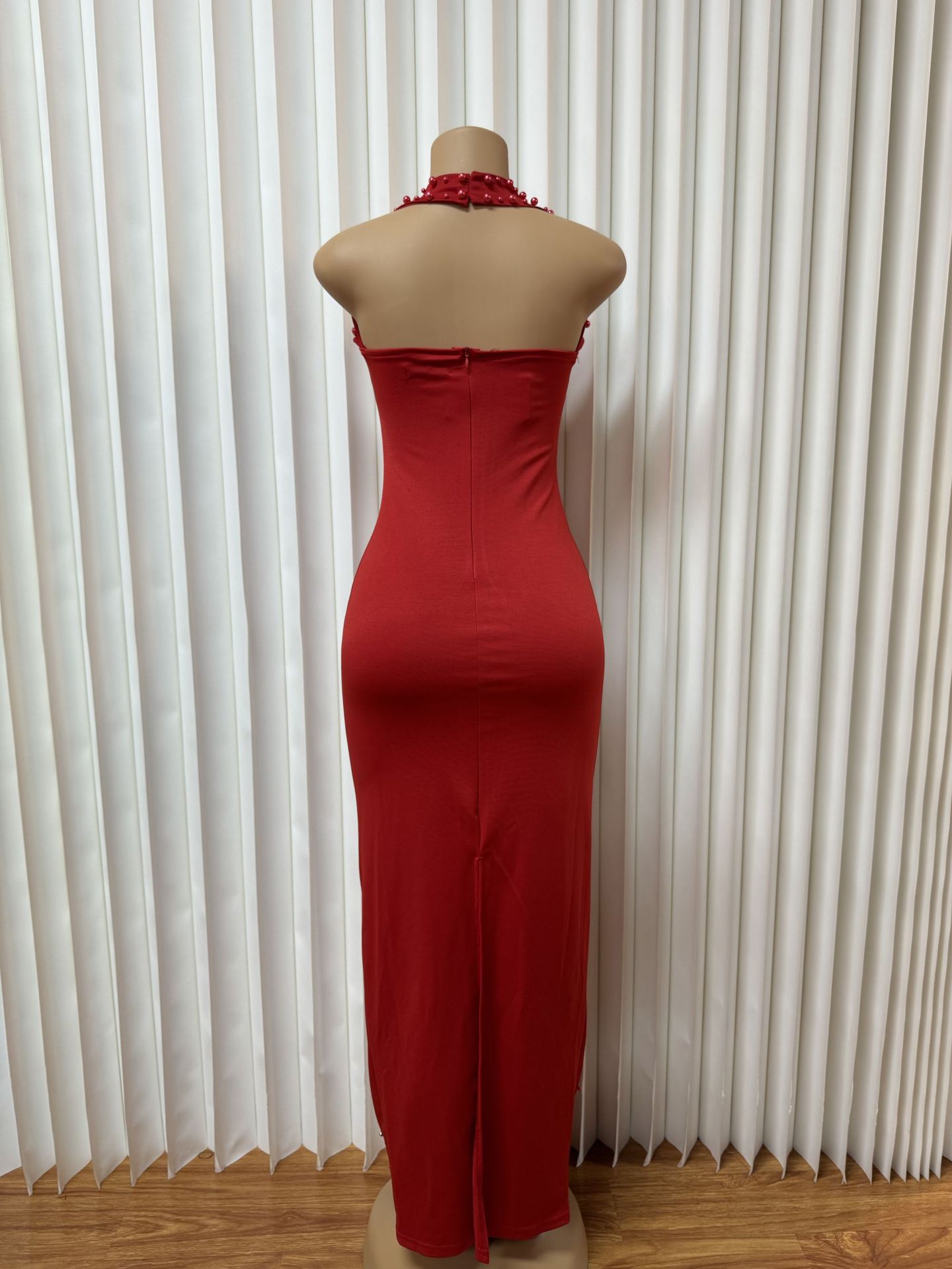 Fashion Women's Halter Neck Beaded Sexy Slit Bodycon Gown Long Dress