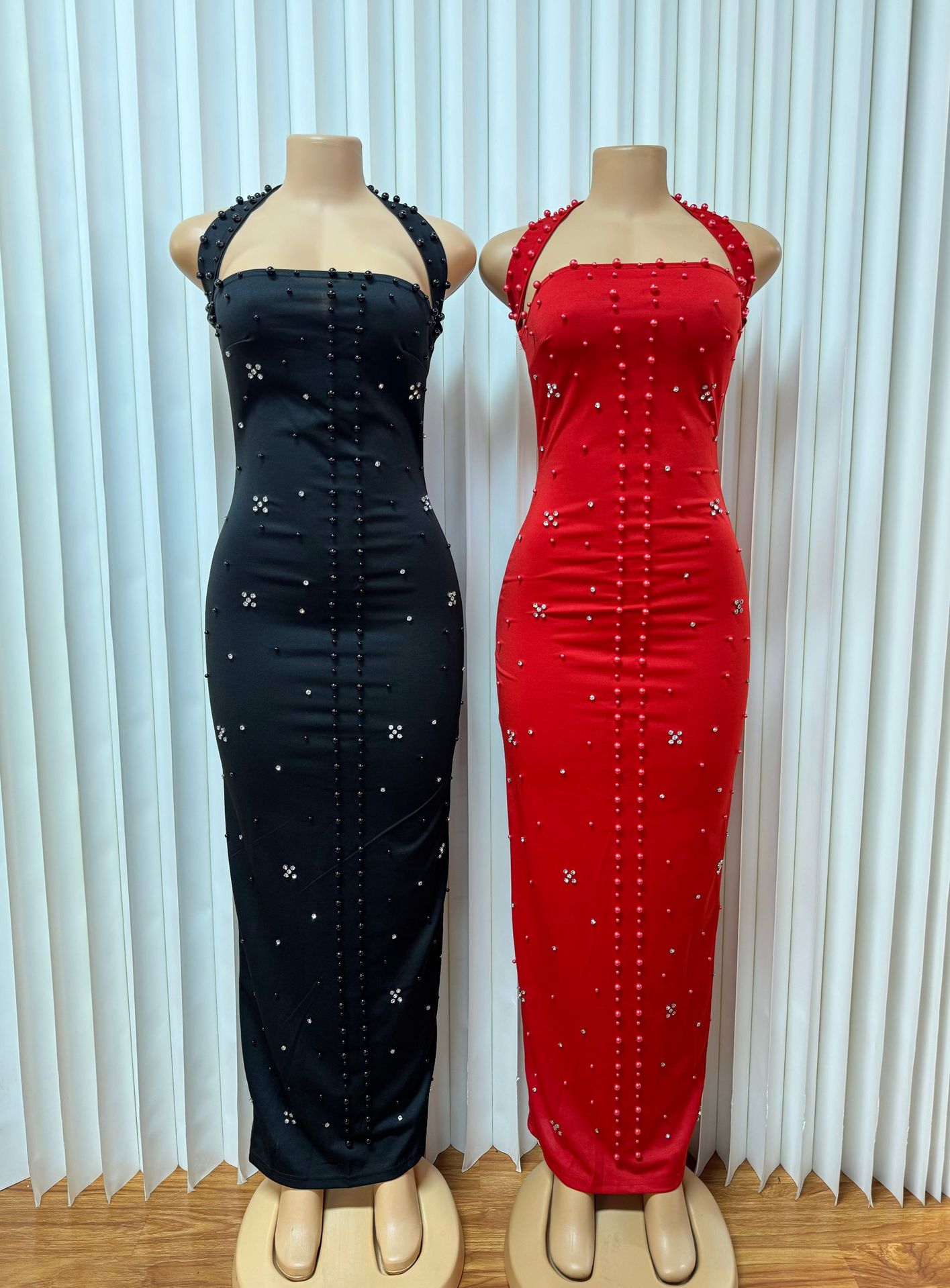 Fashion Women's Halter Neck Beaded Sexy Slit Bodycon Gown Long Dress