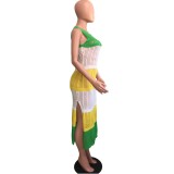 Women's Fishnet Color Block Sleeveless Slit Sexy Casual Beach Dress