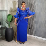 African Plus Size Women's Fashion Puff Sleeve Party Dress Beaded Sequin High Waist Gown