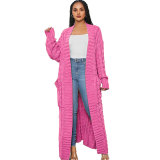 Fashion Women's Autumn Winter Solid Color Long Knit Cardigan Coat
